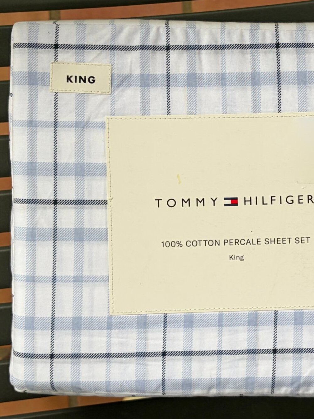 Tommy Hilfiger KING Size Blue NEWTON PLAID Sheet Set  100% Cotton Percale